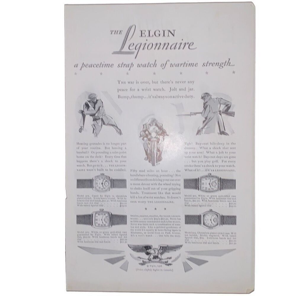 Vintage 1928 Elgin Legionnaire Watch Peacetime Watch Ad Advertisement